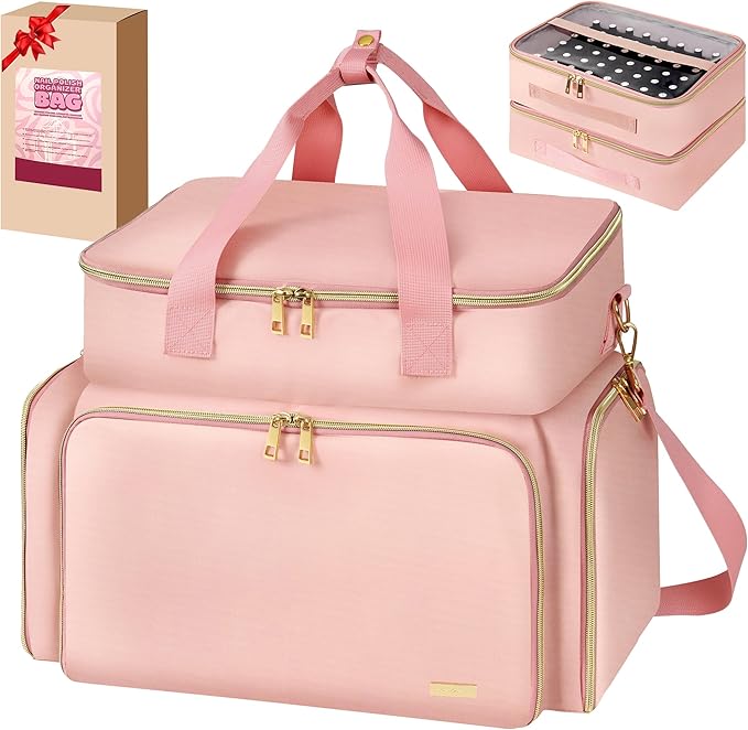 Nail Polish Organizer Case for 96 Bottles – Waterproof Travel Bag with Hard Bottom – Double Layer Nail Storage Bag with Adjustable Dividers & Nail Lamp Compartment – for Home or Salon Use