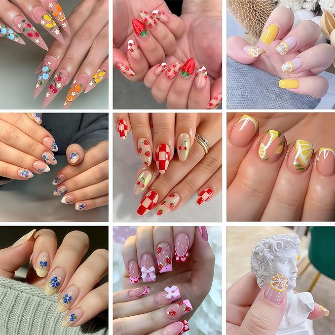 Summer Fruit Nail Art Stickers 3D Self-Adhesive Lemon Strawberry Blueberry Summer with Flower Design Decals Cute Fruit Sticker for Nails Women DIY Manicure Decorations 8 Sheets