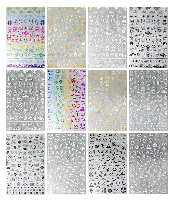 TailaiMei 12 Sheets Halloween Nail Stickers, Laser Self-Adhesive Nail Art Decals for DIY Glitter Nail Decorations (5 Colors)