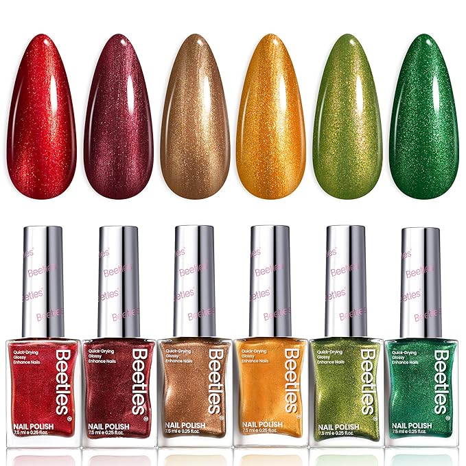 Beetles Winter Nail Polish Set - Glamour Era 6 Colors Quick Dry Glitter Burgundy Red Gold Green Yellow High-Gloss Long-Lasting Nail Polish for DIY At-Home Manicure Christmas Gift for Women