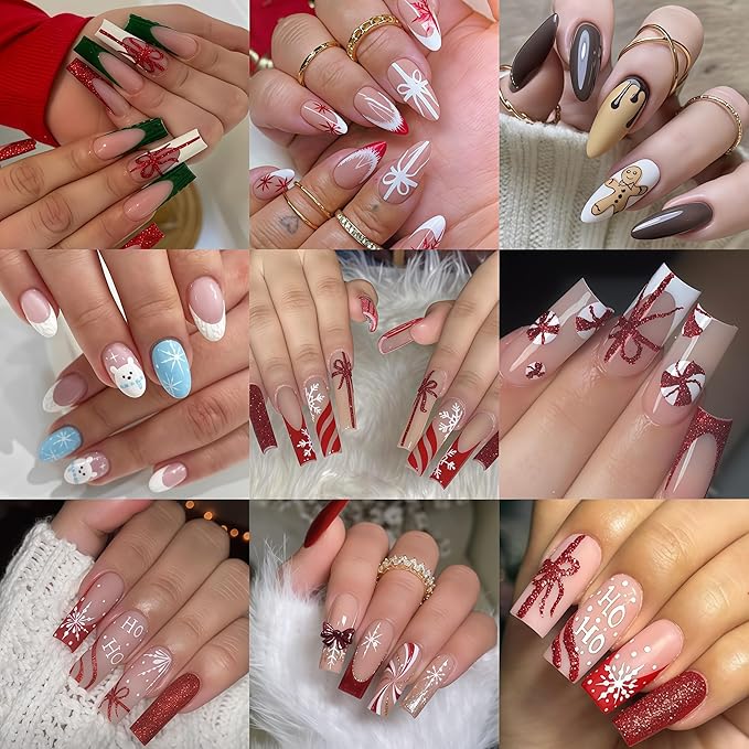 8Pcs Christmas Nail Stickers 5D Embossed Nail Decals Glitter Xmas Candy French Snowflake Gift Bow Elk Bear Nail Design Christmas Gingerbread Man Nails Supplies for Women Winter Holiday Manicure DIY