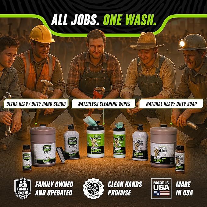 Grip Clean Heavy-Duty Hand Cleaner for Mechanics with Nail Brush - Moisturizing Coconut Oil Hand Cleaner Liquid Hand Soap with Stiff Bristle Nail Brush, Lime Scent β 8 Fl Oz Squeeze Bottle + Brush