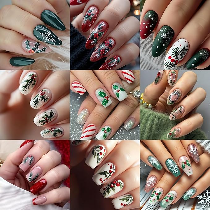 4 Sheets Christmas Nail Art Stickers Christmas Holly Nail Decals Relief Holly Leaf Christmas Tree Elk Nail Supplies White Snowflake Nail Design for Women New Year Xmas Holiday Nail Decor Accessories