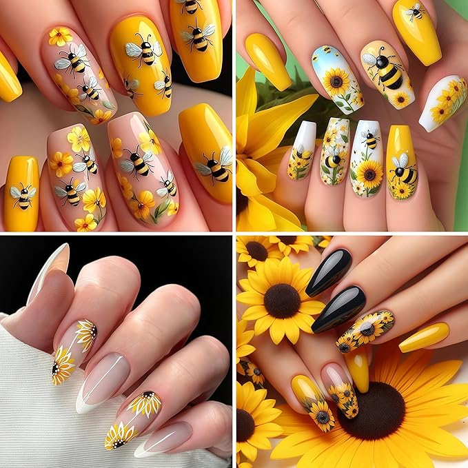 6 Sheets Bee Flower Nail Art Stickers 3D Self Adhesive Sunflower Stickers Yellow Floral Daisy Decals Spring Summer Nails Art Supplies Accessories for Women Girls DIY Manicure Decoration