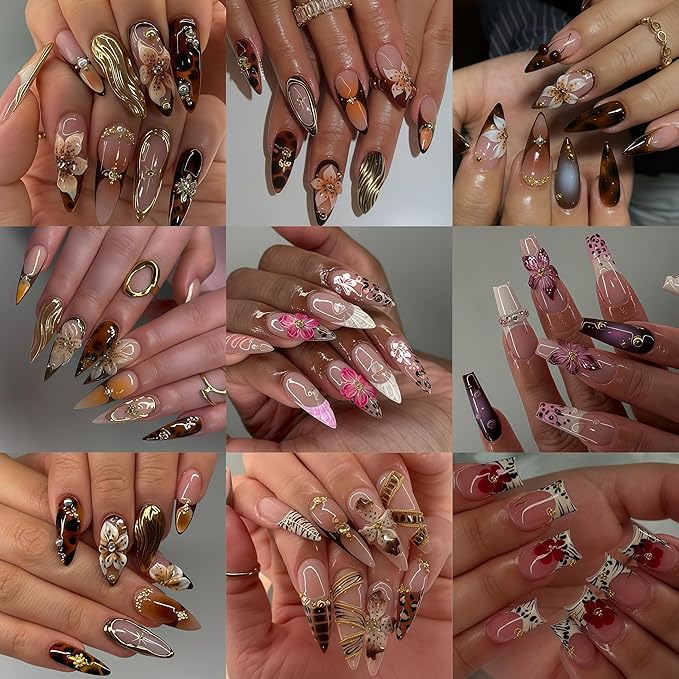 6 Pcs Fall Winter Flower Nail Art Stickers Decals Leopard Print French Flowers Nail Decals 5D Embossed Golden Circle Hibiscus Nails Designs Vacation Fall Brown Leopard Flower Nail Supplies for Women