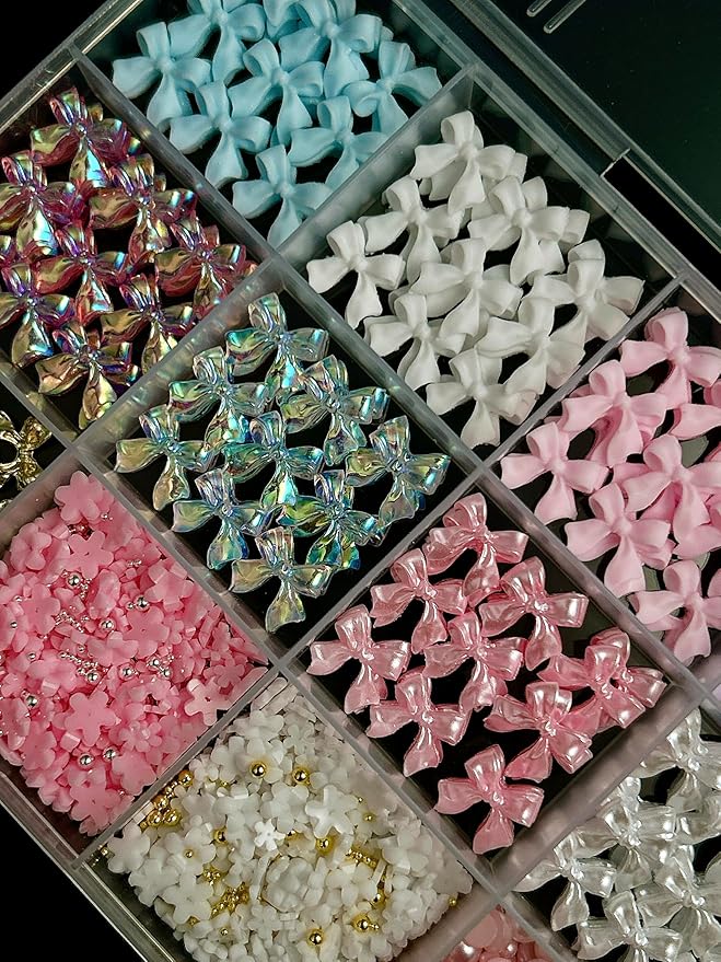 3D Bow Nail Charms Kit, Cute Pink Flowers White Flatback Pearl Charms for Nails, Gold Nail Bows Charms Nails Design for Women Manicure DIY Crafts Art Accessories