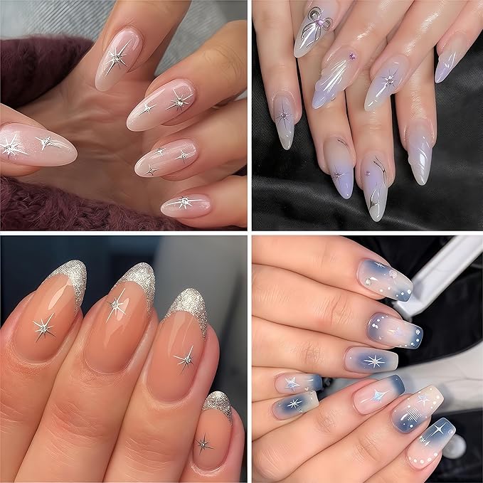 Glitter Diamond Stars Nail Art Stickers 3D Self-Adhesive Crystal Silver Decals Luxury with Rhinestones Stars Charms Design Stickers for Women DIY Manicure Decorations
