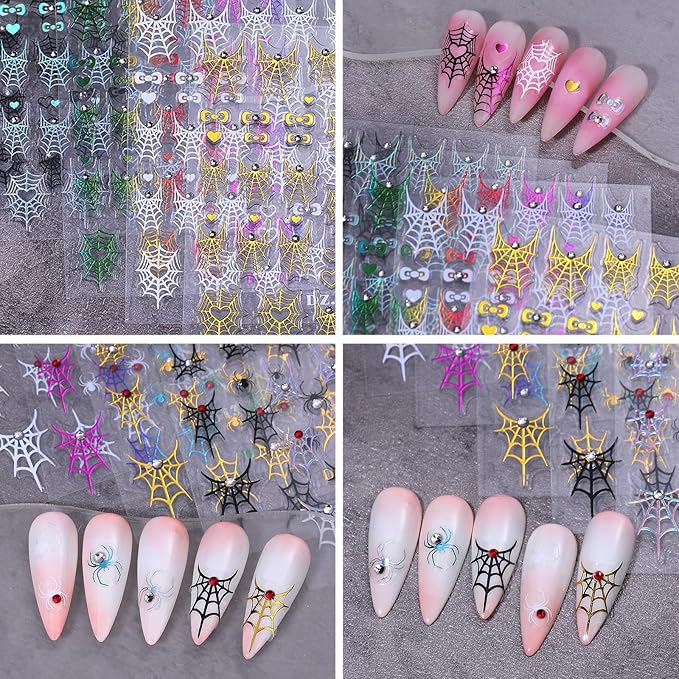 5 Sheets 5D Embossed Halloween Nail Art Stickers Self-Adhesive French Tip Spider Web Nail Decals Laser Gold Silver Black Rhinestones Spider Nail Designs Stickers Holiday Nails Decoration for Women DIY