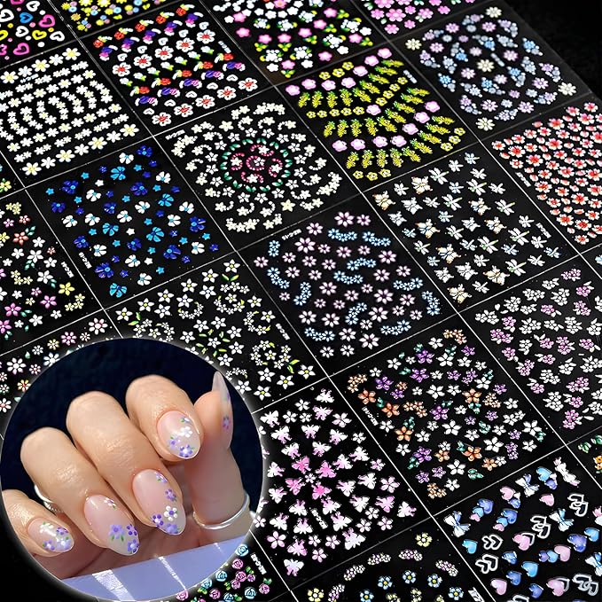30 Sheets Flower Nail Stickers for Nail Art Colorful 3D Self Adhesive Daisy Nail Decals Spring Summer Nail Art Stickers Cute Floral Nail Design Decoration Accessories for Women and Girls