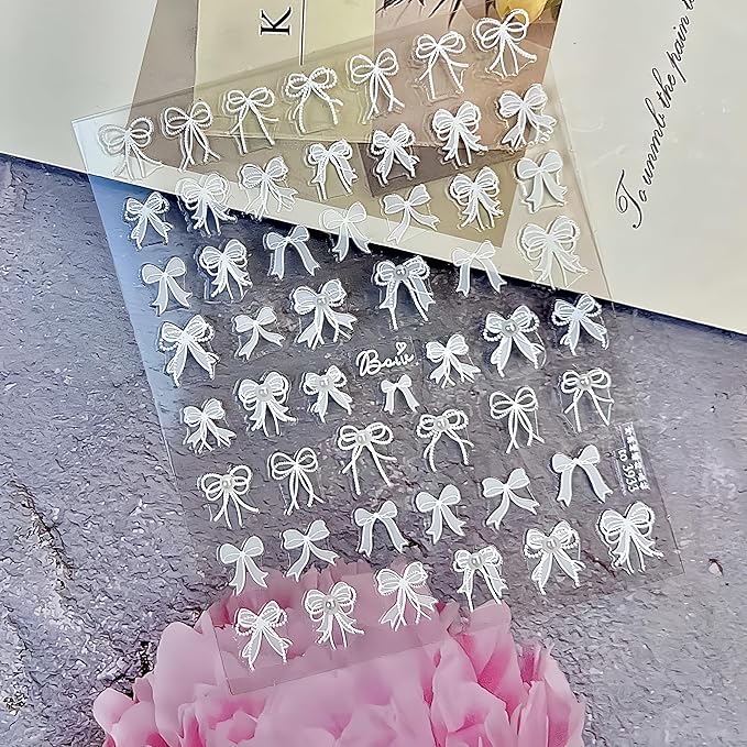 White Lace Bow Nail Art Stickers - 5D Embossed, Self-Adhesive Pearl Design, Cute Decals for Women's Manicure
