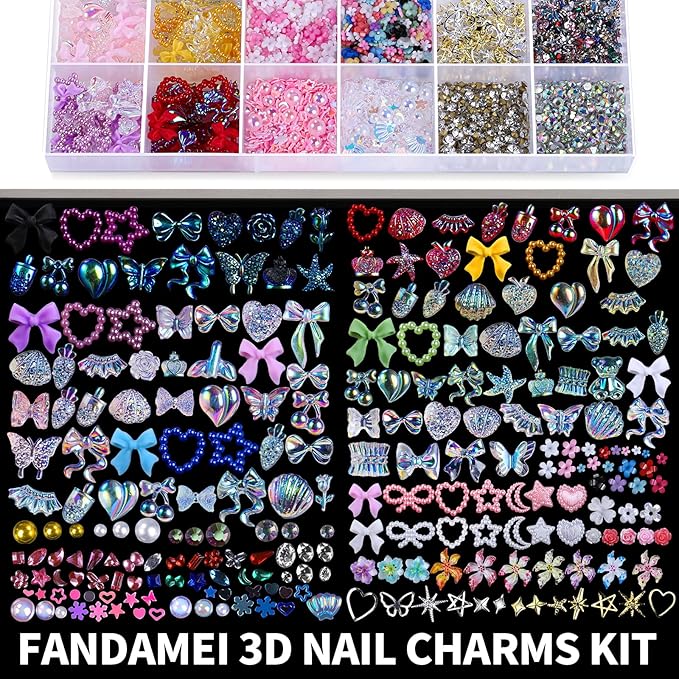 FAMDAMEI 24 Grid Nail Charms, Nail Art Kit with Multi Shapes Nail Charms and Gems, Flatback AB Nail Rhinestones Gold Nail Pearls, Colorful 3D Hawaii Flowers Nail Jewels for DIY Nail Design for Crafts