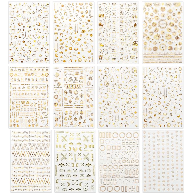 TailaiMei 12 Sheets Gold Moon Star Nail Stickers, 3D Metallic Laser Self-Adhesive Nail Art Decals for Women Manicure DIY or Nail Salon(1000Pcs)