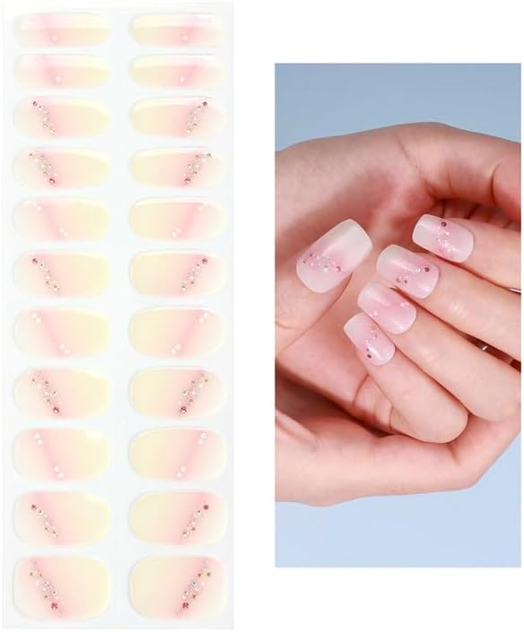 No Lamp Gel Nail Strips 22 Pcs Wraps - Swoosh Pink, Easy Apply Gel Nail Stickers Long Lasting, Salon-Quality, 2 Prep Pads, 1 File, 1 Wooden Stick