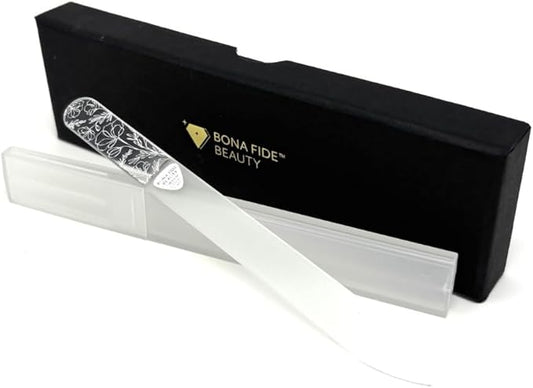 Bona Fide Beauty Czech Glass Nail File for Natural Nails (Floral Design), Giftable Box and New Travel Hardcase Included