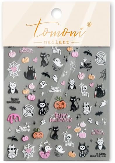 Halloween Nail Art Stickers Decals 5D Embossed Pumpkin Black Cat Nail Decals 1PCS Ghost Bat Skeleton Spider Web Cute Halloween Nails Design Adhesive Sliders for Holiday Manicure Nail Art Decorations