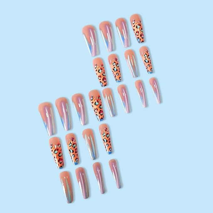 Aurora French Tip Press on Nails Long Square Fake Nails with Leopard Print Designs Glossy Full Cover Nude Glue on Nails Cheetah Nails Acrylic Stick on Nails for Women Girls Manicure Kit 24 Pcs