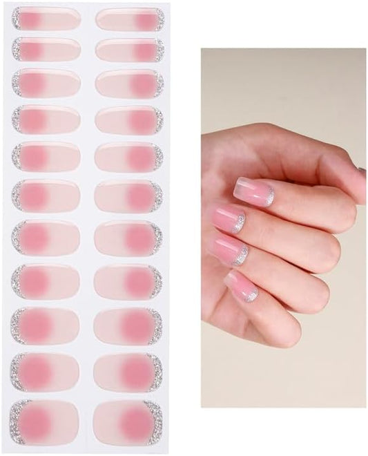 No Lamp Gel Nail Strips 22 Pcs Wraps - Pink Silver Glitter, Easy Apply Gel Nail Stickers Long Lasting, Salon-Quality, 2 Prep Pads, 1 File, 1 Wooden Stick