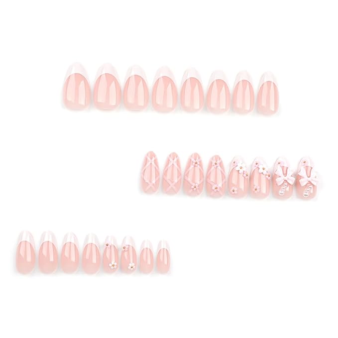 French Press On Nails Medium Rhinestone Pink Fake Nails Almond Bling Glossy 3D Flower False Nail Tips Glue On Nails Full Cover Artificial Nails Stick On Nails for Women, 24 Pcs