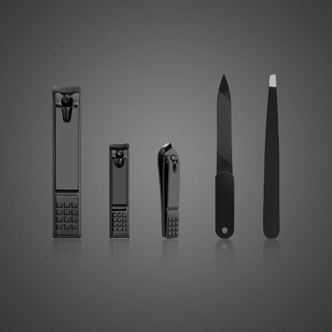Nail Clippers Set Black Matte Stainless Steel Fingernail & Thick Toenail & Ingrown Nail Clippers & Tweezers & Nail File, Perfect 5 pcs Nail Clippers Cutter for Men and Women(Black)
