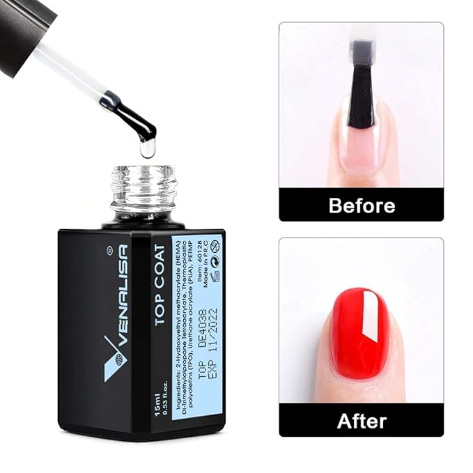 VENALISA 15ML No Wipe Tempered Top Coat - Scratch Resistant High Gloss Soak Off Gel Nail Polish Finish Long Lasting Set Gel Nail Kit