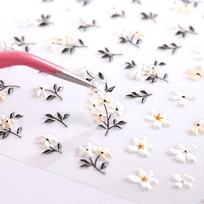 5D Embossed Daisy Flower Nail Art Stickers - Black White Floral Nail Decals 3D Self-Adhesive Nail Art Supplies Spring Blossom Leaf Bunny Nail Stickers for Women Acrylic Nails Art Decorations, 3Sheets