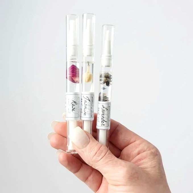 Cuticle Oil Trio – Lavender, Jasmine & Rose Pens with Real Flower Petals – Nourishes, Strengthens, Repairs & Protects – Natural Gift Set (3 Pack)