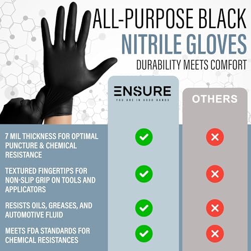 Ensure Black Nitrile Gloves Low Dermatitis 7 Mil, Heavy Duty, Puncture & Chemical Resistant, Disposable, Exam Gloves