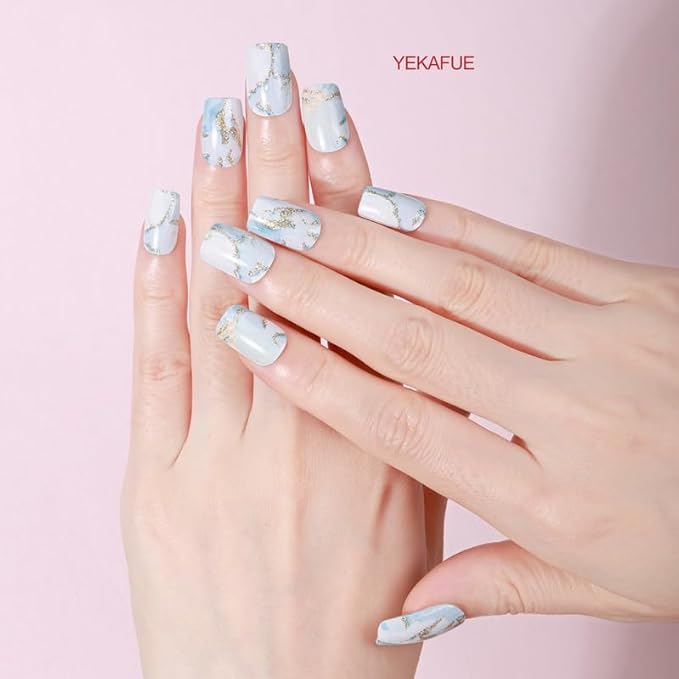 No Lamp Gel Nail Strips 22 Pcs Wraps - Marble Blue, Easy Apply Gel Nail Stickers Long Lasting, Salon-Quality, 2 Prep Pads, 1 File, 1 Wooden Stick