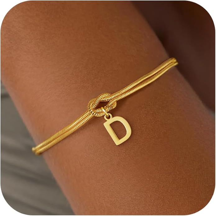 Stocking Stuffers for Teen Girls - 18K Gold Plated Love Knot Initial Bracelets for Women Friends Bridesmaid Gifts Dainty Gold Bracelets Birthday Christmas Gifts for Teens Women