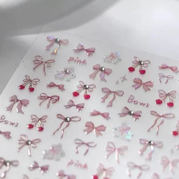 2 Sheets Bow Nail Art Stickers Glitter Pink Blue Bows Nail Art Decals 3D Self-Adhesive Cute Bow Nails Sticker Acrylic DIY Decoration Supplies Charms for Women and Girls