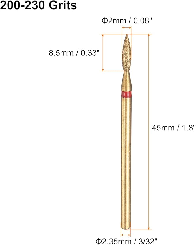 HARFINGTON 8pcs 200-230 Grits Diamond Grinding Bit 2mm Oval Head 2.35mm Shank 8.5mm Length Titanium Plated Stone Sanding Drill Bits Rotary Tool for Nails Grinding Polishing