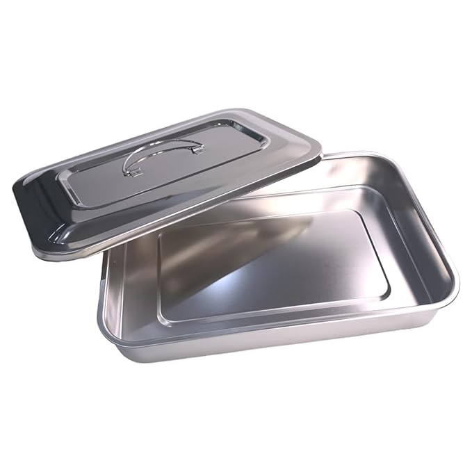 Easyinsmile Medical Surgical Tray Dental Sterilization Instruments Tray Organizer Holder with Lid & Handle Grip (Silver)