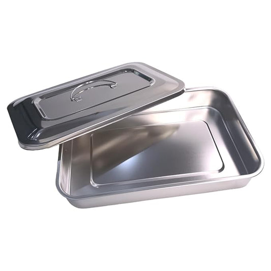Easyinsmile Medical Surgical Tray Dental Sterilization Instruments Tray Organizer Holder with Lid & Handle Grip (Silver)