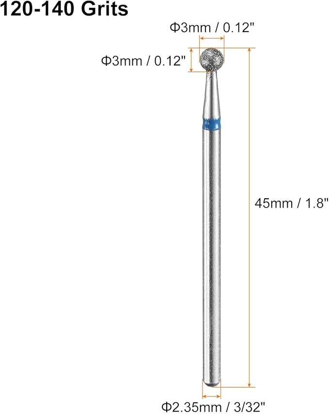 HARFINGTON 13pcs 120-140 Grits Diamond Grinding Bit 3mm Ball Head 2.35mm Shank 3mm Length Stone Sanding Drill Bits Rotary Tool for Ceramic Glass Nails Grinding Polishing
