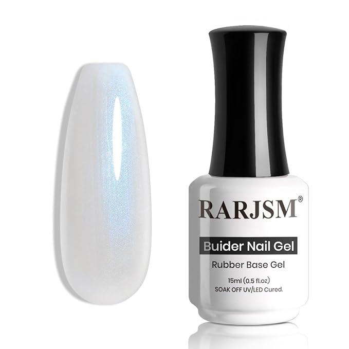 RARJSM Pearl White Gel Builder Nail Polish Blue Glitter Hard Gel in a Bottle Mermaid Shell Shimmer Pearlescent Thick Extension Structure Gels for Nails 15ml Soak Off Curing Requires Salon Home Use