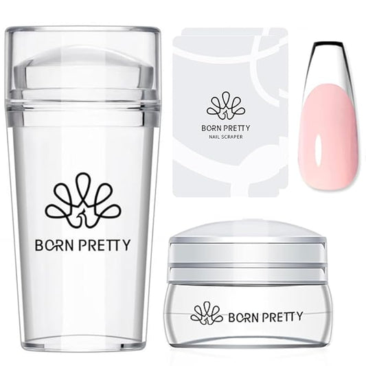 BORN PRETTY French Tip Nail Stamp,4Pcs Nail Art Stamper Kit with Scrapers,Clear Silicone Stamping Long & Short Jelly Stamper Nail Printing Tool for French Manicure Home DIY Salon