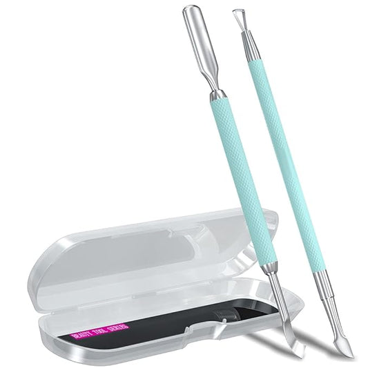 2PCS Metal Teal Cyan Cuticle Pusher and Cutter Remover Salon Stainless Steel Gel Nail Polish Peeler Scraper Durable Professional Manicure Pedicure Cleaner Tool For Fingernail and Toenail