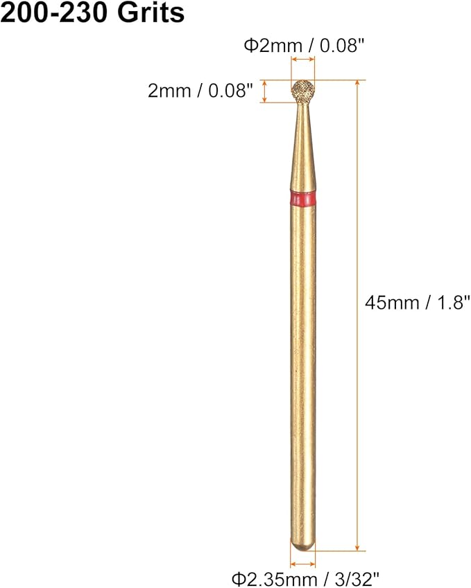 HARFINGTON 6pcs 200-230 Grits Diamond Grinding Bit 2mm Ball Head 2.35mm Shank 2mm Length Titanium Plated Stone Sanding Drill Bits Rotary Tool for Nails Grinding Polishing