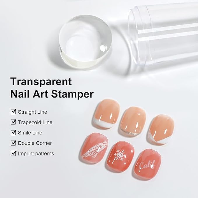2Sets French Nail Art Stamper, with Nail Scraper and Replaceable Stamper Head, Home Manicure Starter Tool Salon, French Silicone Nail Stamper Kit for DIY Nail Decor