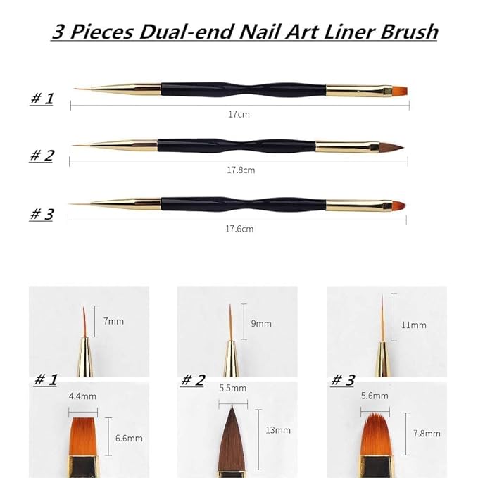 3 Pcs Nail Drawing Pen, Dual End Nail Art Pen Brush Acrylic Round Flat Painting Drawing Liner Nail Tools
