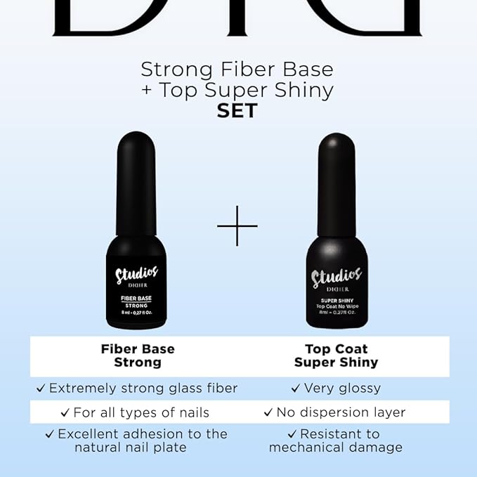 DIDIER LAB - Premium Gel Nail Polish Set -Fiber Nail Base Coat Strong - Super Shiny No Wipe Gel Top Coat - Clear Nail Polish Gel - Soak off LED UV Gel Polish Set - Gel Base Coat Nail Polish Top Coat