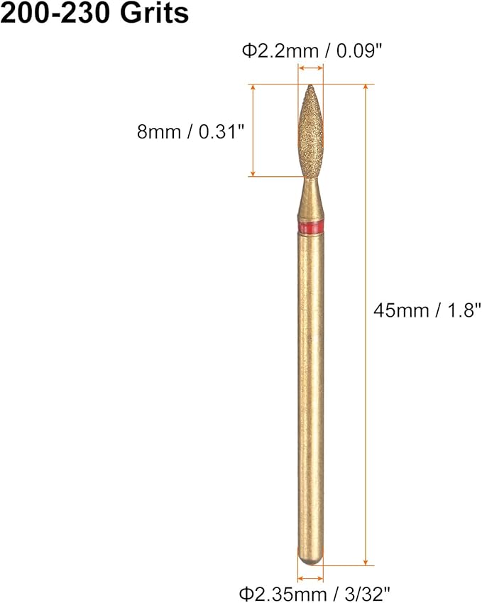 HARFINGTON 8pcs 200-230 Grits Diamond Grinding Bit 2.2mm Oval Head 2.35mm Shank 8mm Length Titanium Plated Stone Sanding Drill Bits Rotary Tool for Nails Grinding Polishing