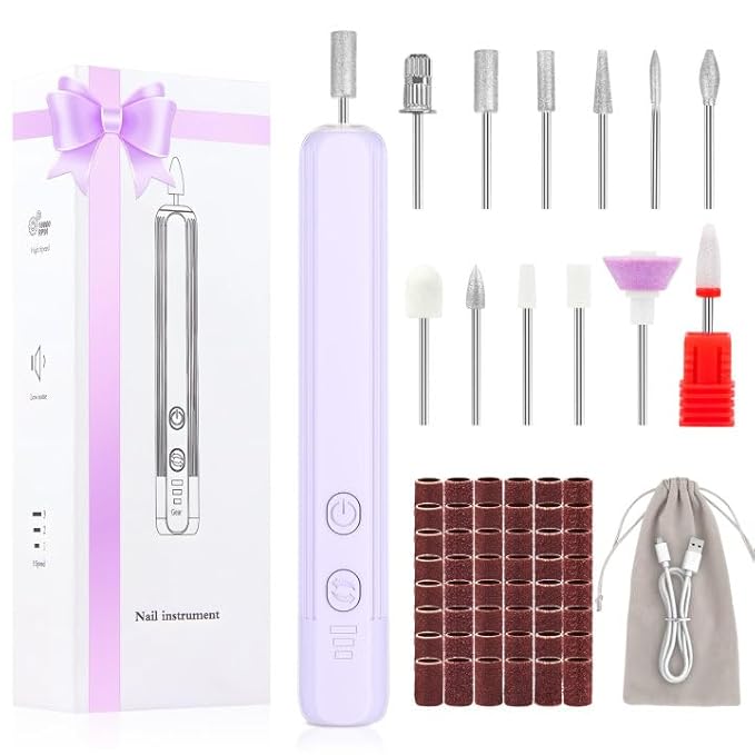 Professional Nail Drill Set, 2,0000 RPM Electric Nail File with 12 Grinding Head & 100Pcs Sanding Bands for Acrylic Gel Nails, Manicure and Polishing (Light Purple)