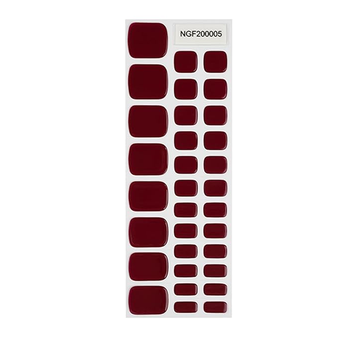 Semi Cured Gel Toenail Strips, 32 Burgundy Gel Toenail Stickers - Works with Any UV Lamps Pedicure Strips Full Nail Wraps with Nail File & Wood Stick