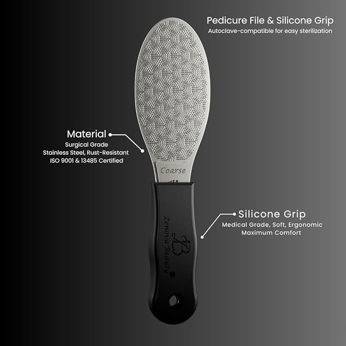 Stainless Steel Foot File with Silicone Grip – Professional Podology Pedicure Tool, ISO Certified, 3000+ Pedicures, Callus Remover, Safe for Diabetics, 2-Year Warranty (Jet Black)
