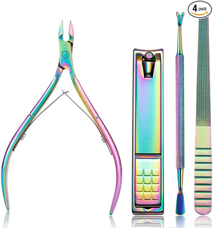 Cuticle Trimmer with Cuticle Pusher - 4 Pack Stainless Steel Nail Clippers Set, Dead Skin Cuticle Cutter Nippers, Manicure Tools for Shiny Nail