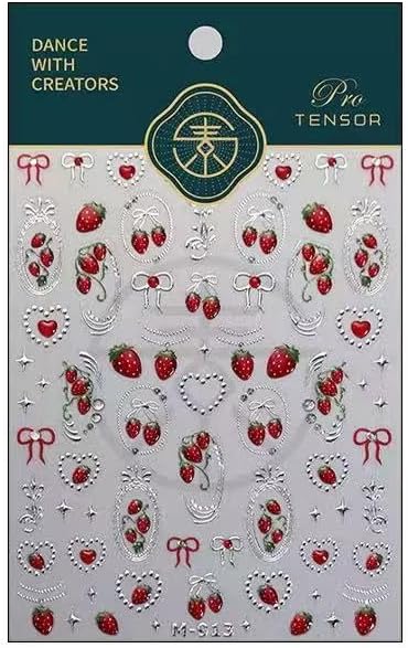 2 Sheets Red Strawberry Nail Stickers Silver Sliders Line Heart Nail Decals 3D Self-Adhesive Heart Nails Decals Cute Red Bow Design Strawberry Nails Supplies for Women Manicure