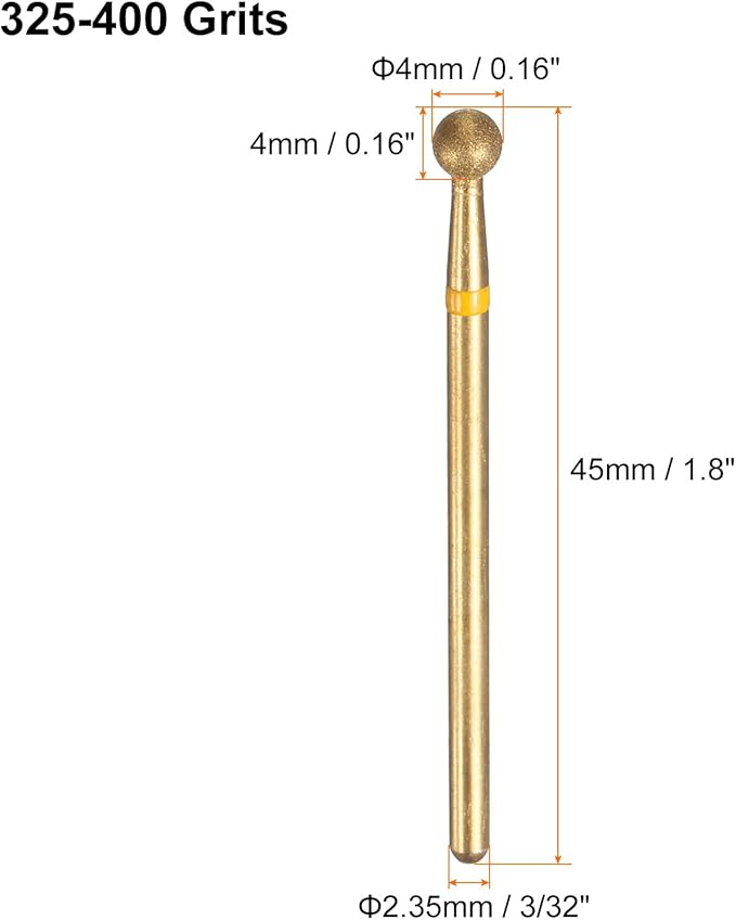 HARFINGTON 6pcs 325-400 Grits Diamond Grinding Bit 4mm Ball Head 2.35mm Shank 4mm Length Titanium Plated Stone Sanding Drill Bits Rotary Tool for Nails Grinding Polishing