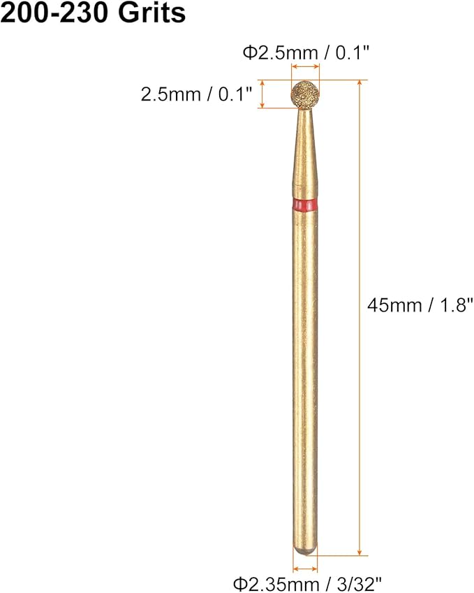 HARFINGTON 6pcs 200-230 Grits Diamond Grinding Bit 2.5mm Ball Head 2.35mm Shank 2.5mm Length Titanium Plated Stone Sanding Drill Bits Rotary Tool for Nails Grinding Polishing