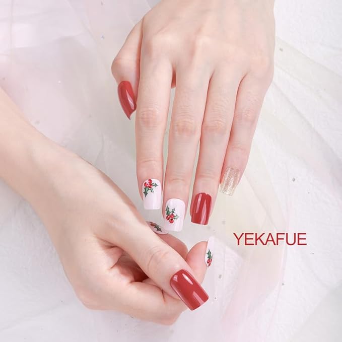 No Lamp Gel Nail Strips 44 Pcs Wraps - White Red + Maple Orange, Easy Apply Gel Nail Stickers Long Lasting, Salon-Quality, 4 Prep Pads, 2 File, 2 Wooden Stick